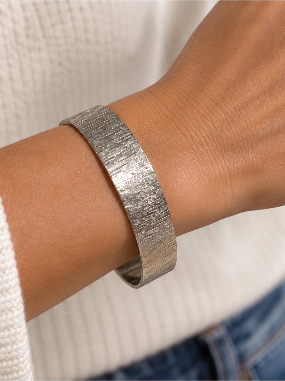 Vintage Sterling Silver Textured Wide Bangle Bracelet 21g Modernist